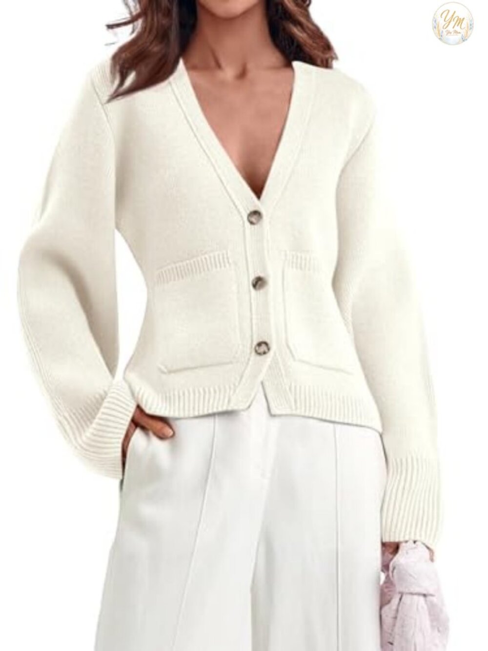 Womens Deep V Neck Button Down Cropped Knit Cardigan Sweater with Pockets